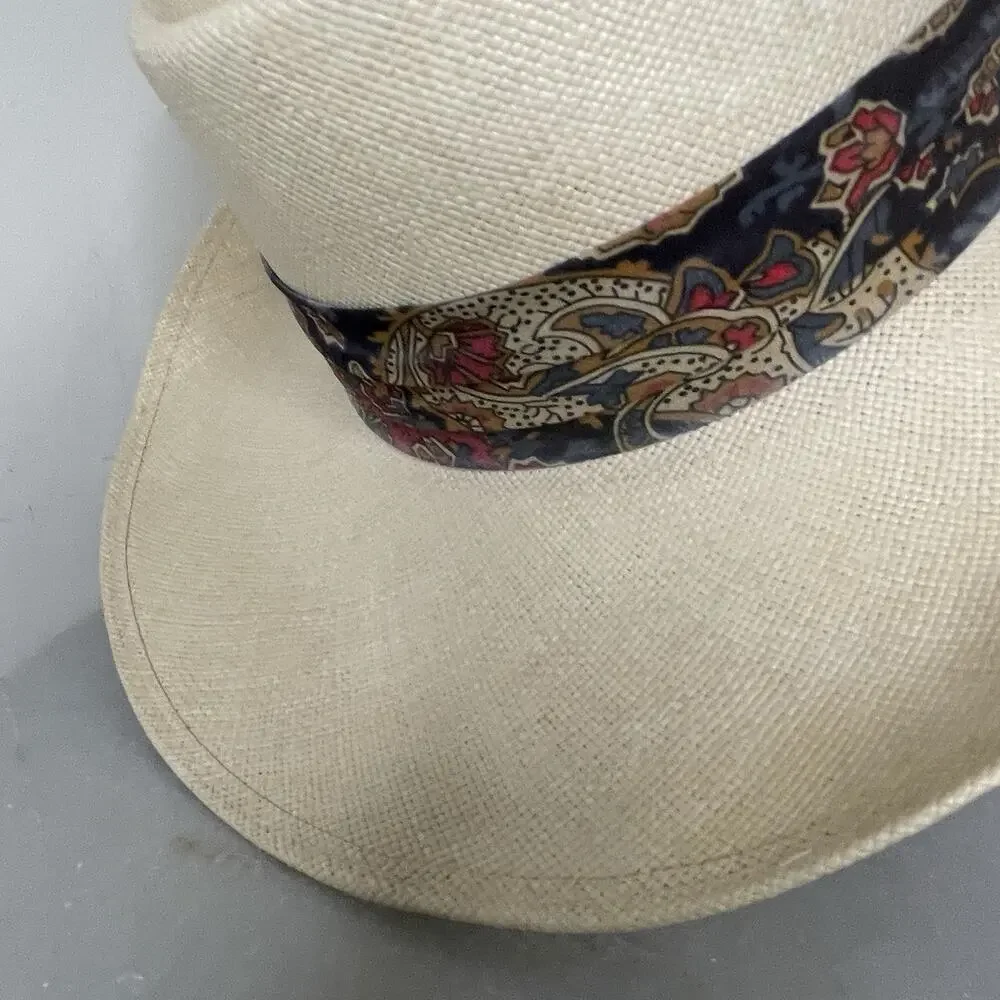 VTG Churchill Ltd Genuine Shantung Straw Panama Hat Size 7 3/8 Paisley Band
